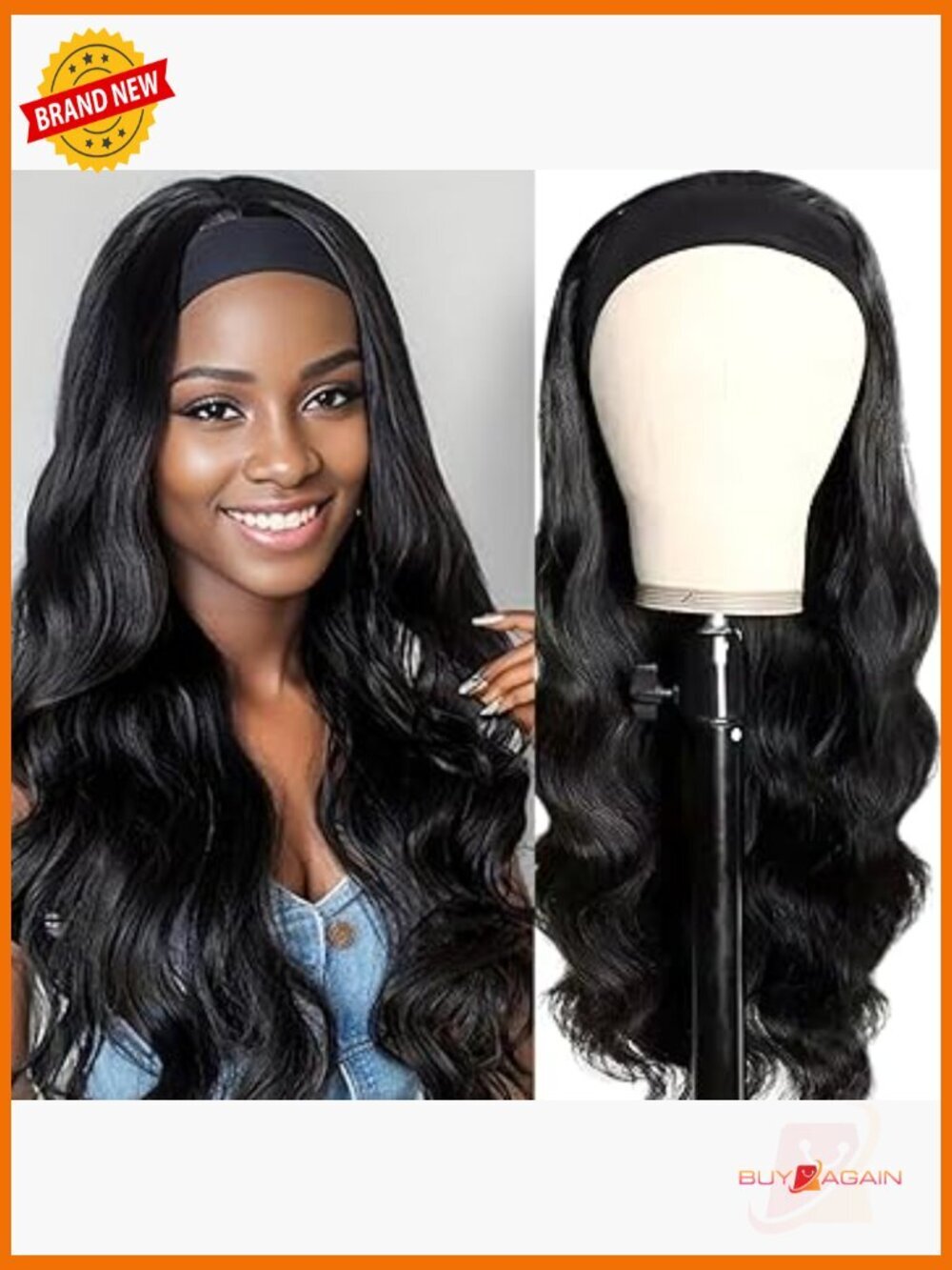 18" Body Wave Human Hair Headband Wig Glueless No Sew 180% Density